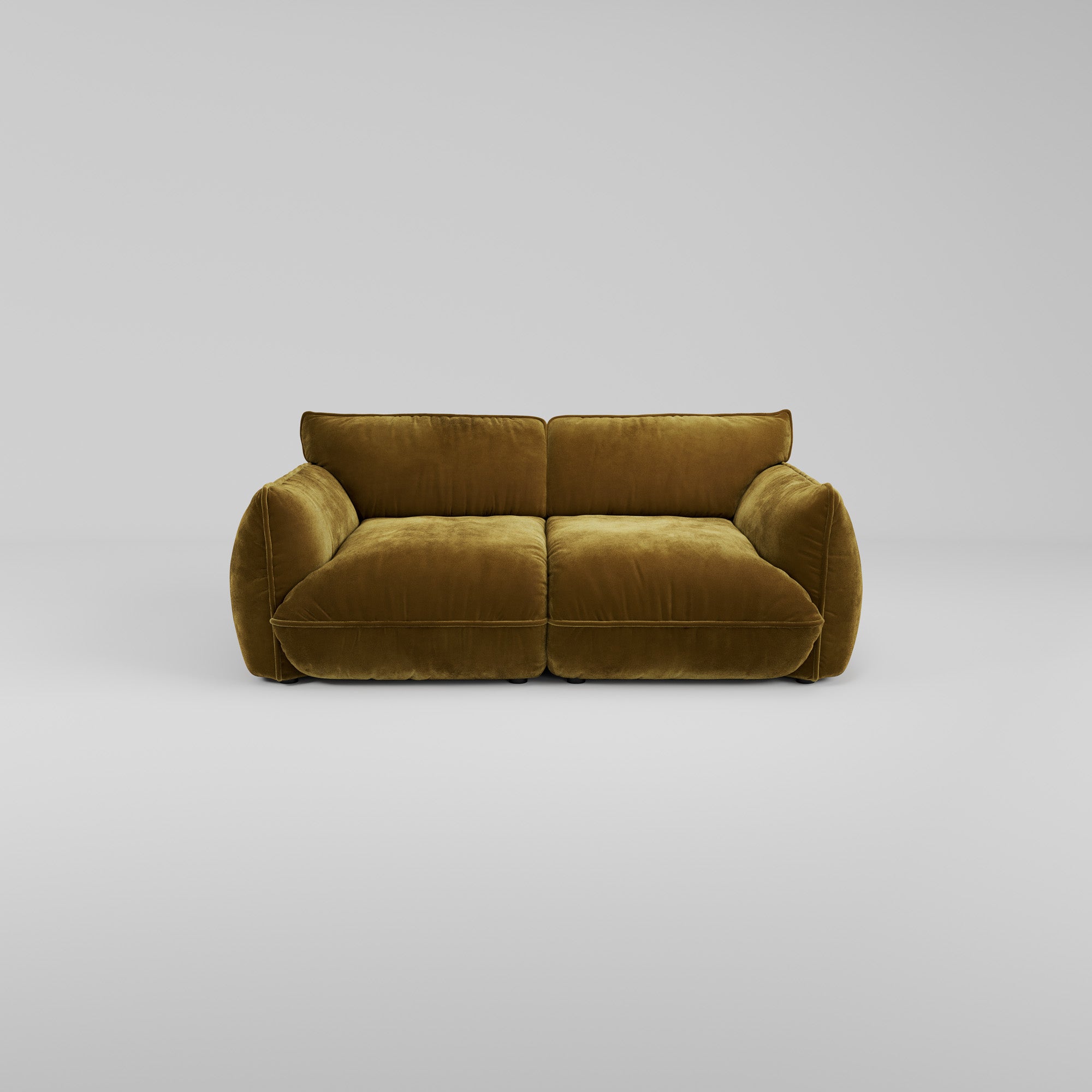 Das olivgrüne Morandi 2-Sitzer-Sofa hat eine moderne Silhouette und weiche, abgerundete Kanten.