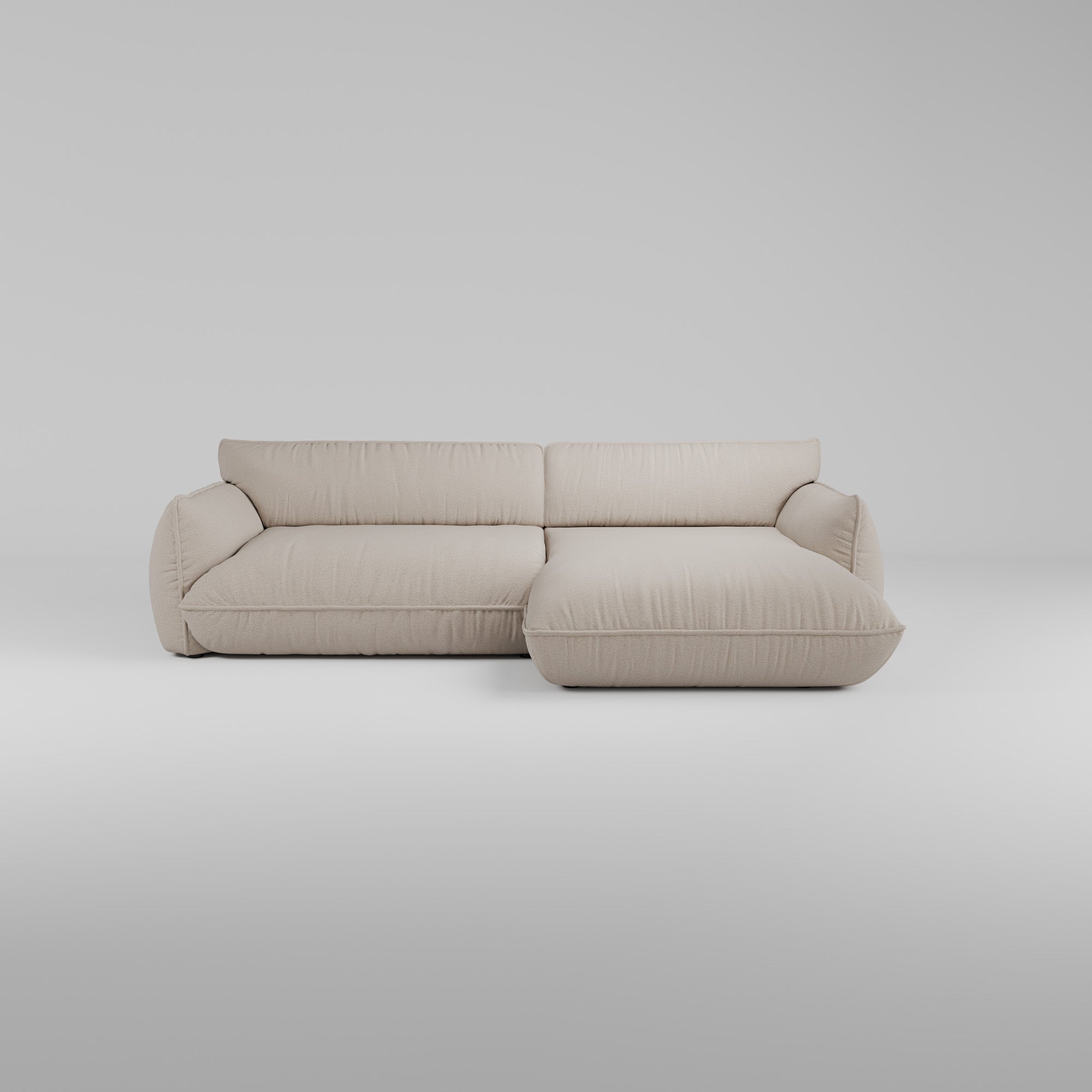 Morandi XL Ecksofa (Rechts) L-förmige Sitzgruppe mit Plüschkissen auf einem schlichten weißen Hintergrund.