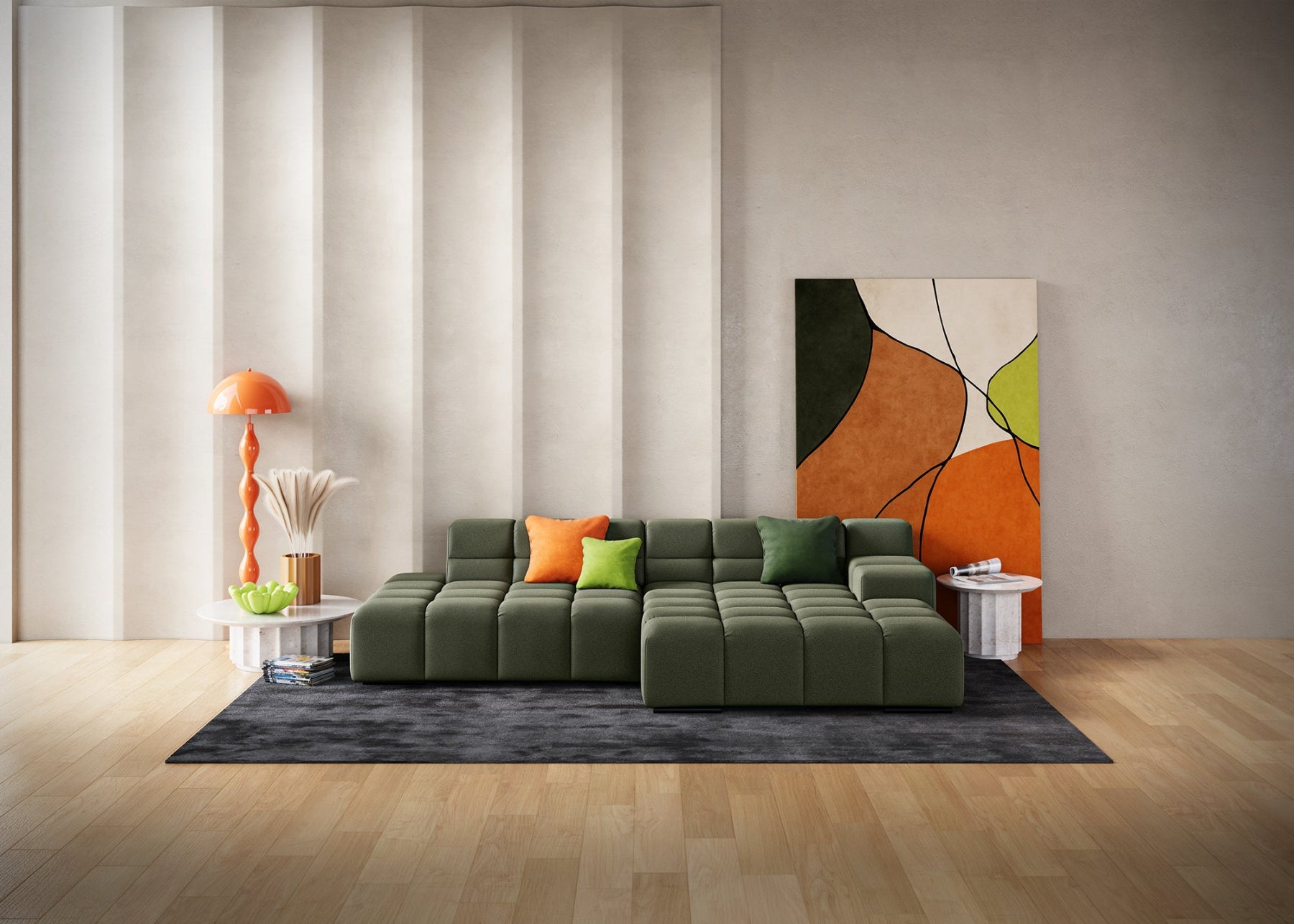 Ein Bild des Accardi Sofas in einem modernen Wohnzimmer. Das Sofa hat eine gesteppte Raster-Optik, tiefe Sitzen und eine verstellbarer Kopfstütze.
