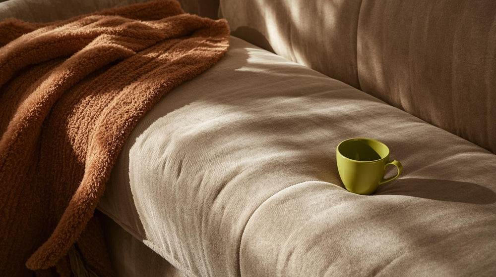 Eine Tasse auf einer Couch.