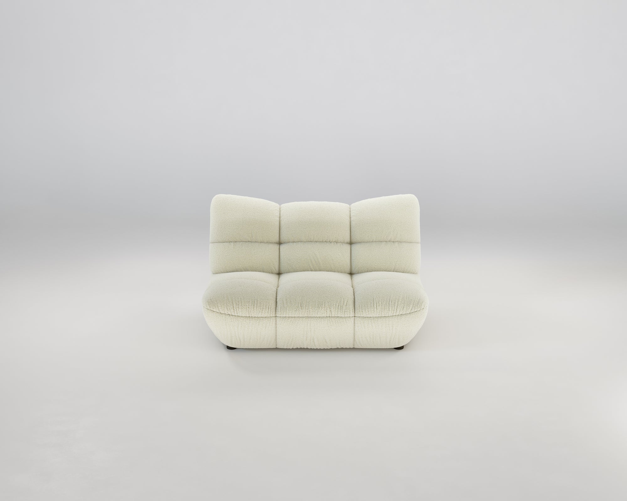 Das Pomodoro 2-Sitzer Sofa ist ein weißes Plüschsofa mit tiefer Sitzfläche und modernem Tufting-Design.