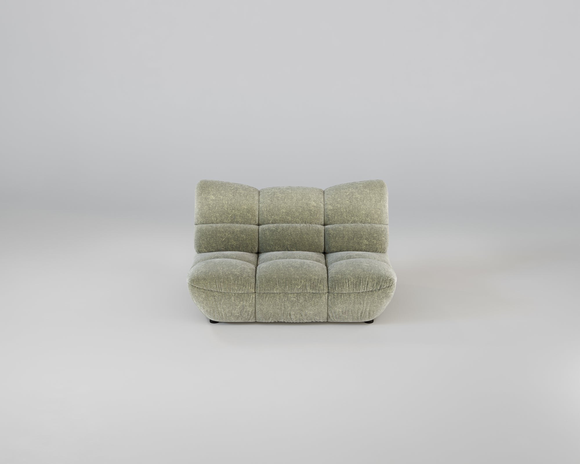 Hellgrünes Pomodoro 2-Sitzer-Sofa mit getufteten Kissen und tiefer Sitzfläche auf einem schlichten hellen Hintergrund.
