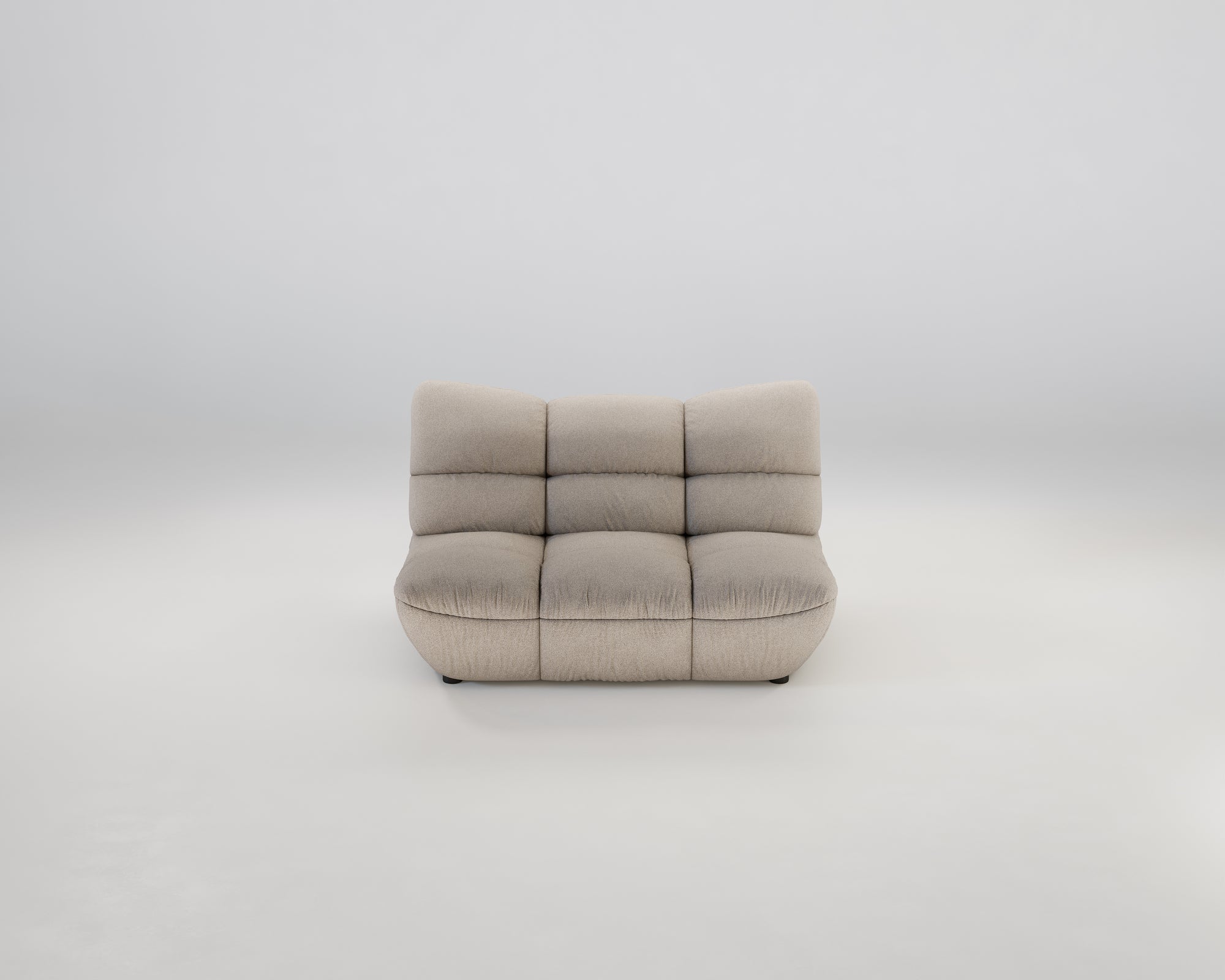 Das Pomodoro 2-Sitzer Sofa von Pomodoro ist modern, hellbeige mit tiefer Sitzfläche und getufteten Polstern.