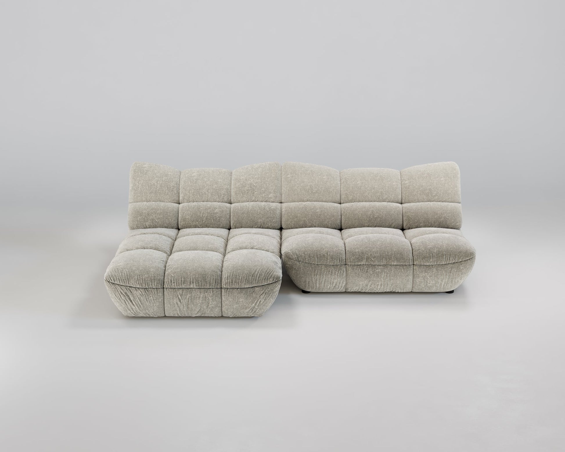 Das Pomodoro XL Ecksofa (Links) von Pomodoro: modern, hellgrau mit verstellbarer Rückenlehne und getufteten Kissen.