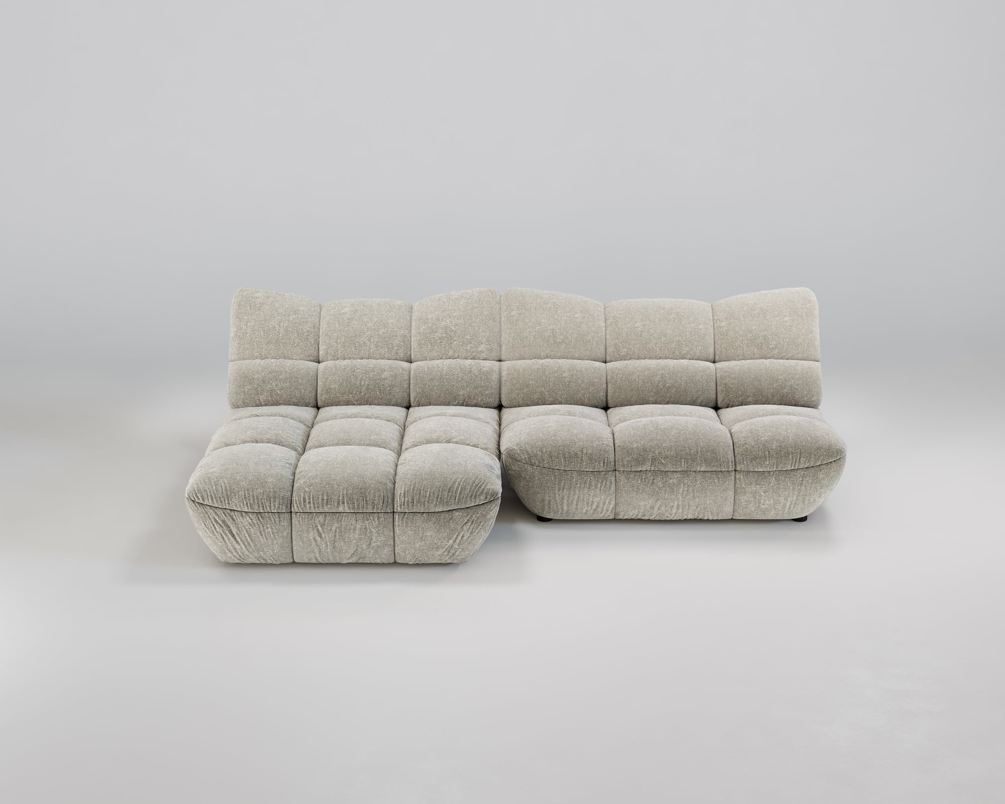 Das Pomodoro XL Ecksofa (Links) von Pomodoro: modern, hellgrau mit verstellbarer Rückenlehne und getufteten Kissen.