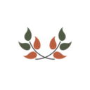 Minimalistisches Logo mit zwei Zweigen mit grünen und orangefarbenen Blättern, gekreuzt auf einem hellgrauen Hintergrund.