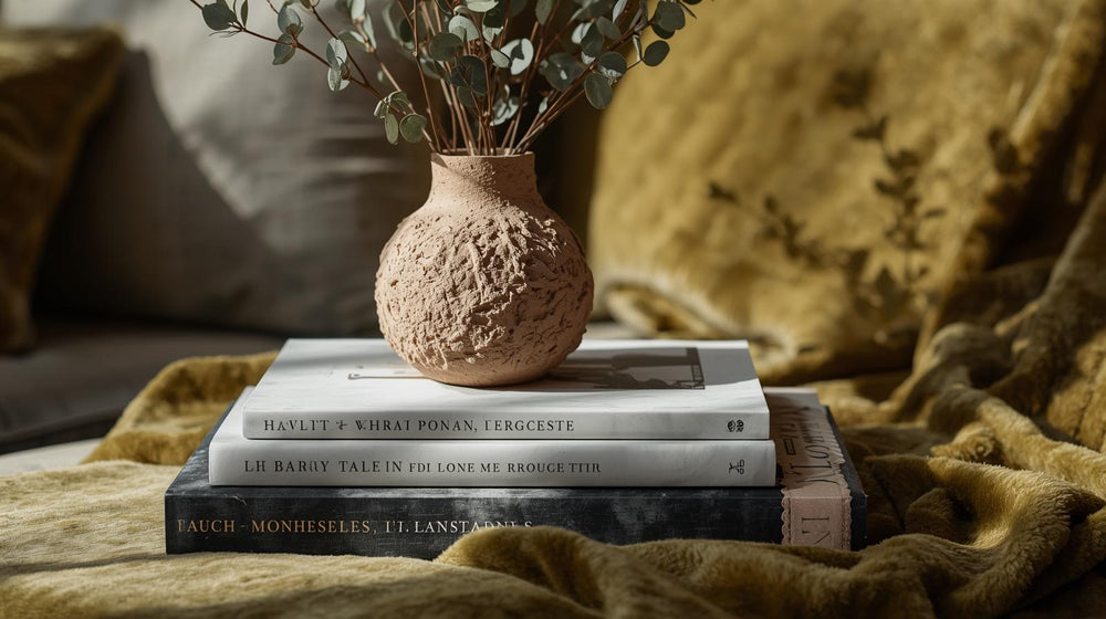 Eine strukturierte Vase mit Grünzeug steht auf einem Bücherstapel auf einer kuscheligen, goldfarbenen Decke.