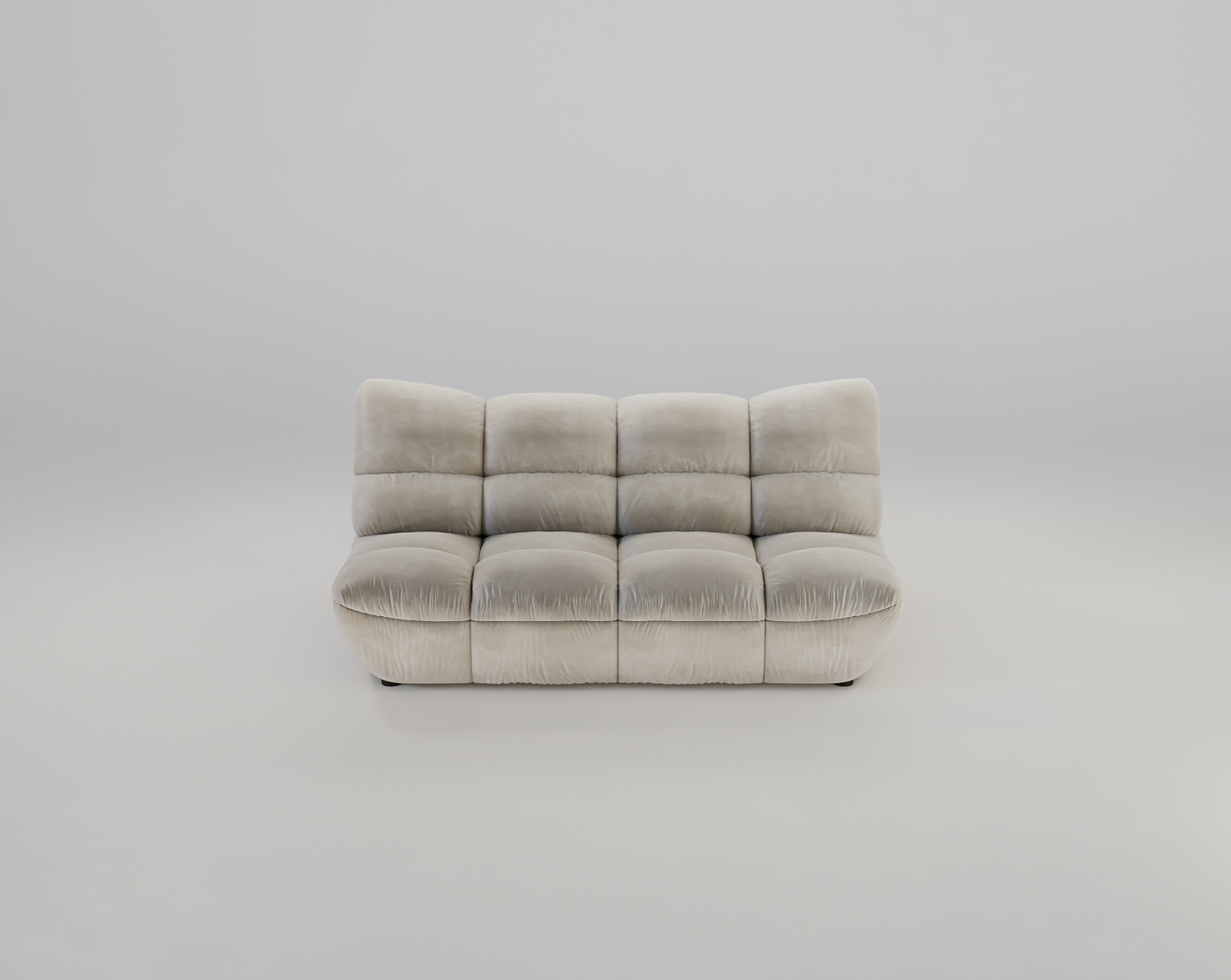 Hellgraues, getuftetes Plüschsofa mit modernem Design auf einfarbig weißem Hintergrund.